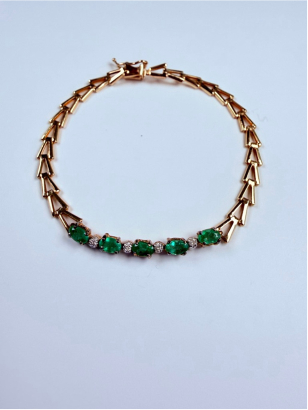14K Solid Yellow Gold Emerald & Diamond VTG Chevron Arrow Link Tennis Bracelet - Picture 2 of 12